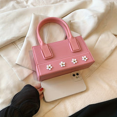 Flower Top Handle Satchel Handbag PU Leather Purse Lipstick Bag