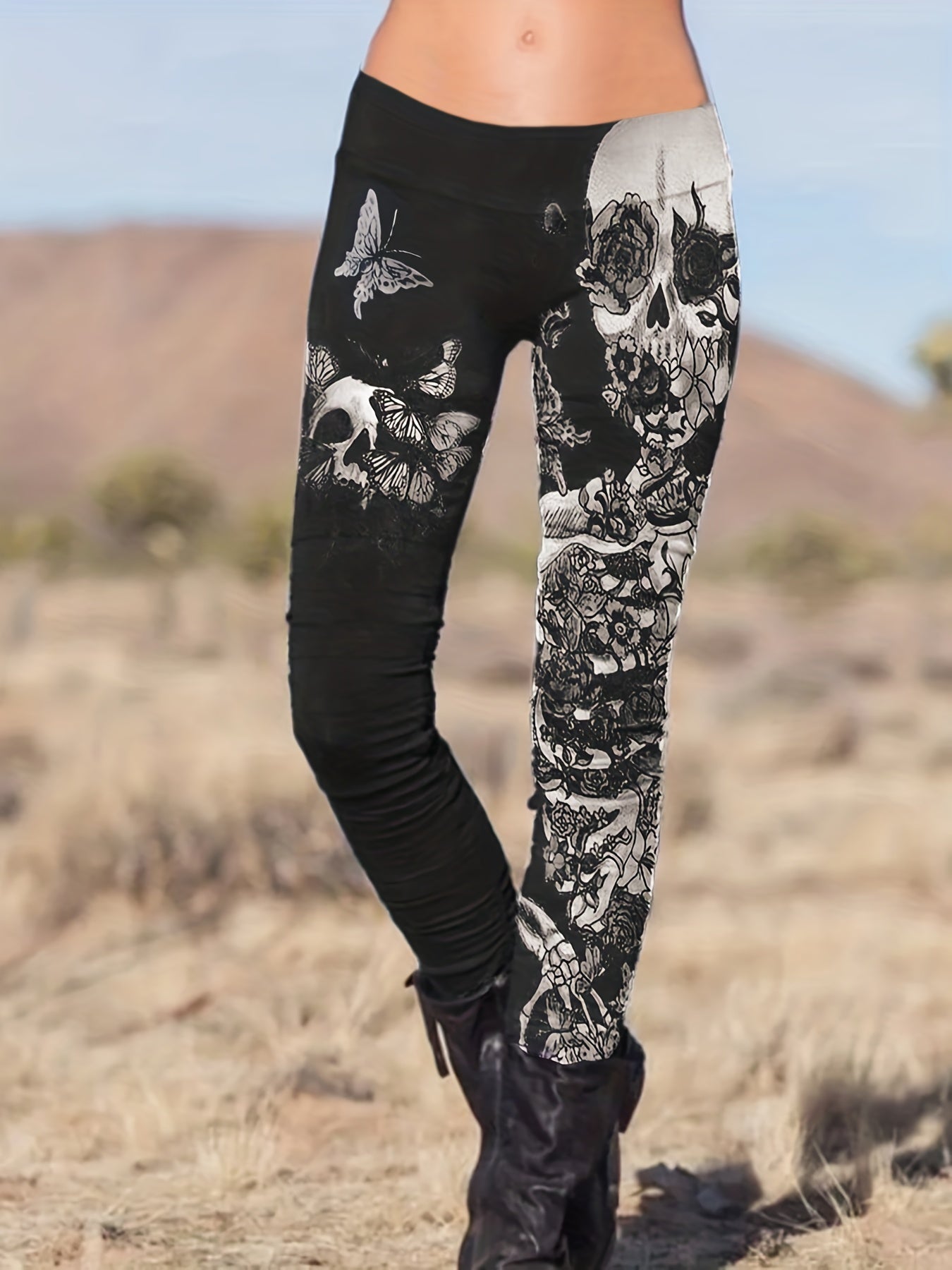  Skull & Floral Print High Rise Gothic Leggings