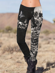  Skull & Floral Print High Rise Gothic Leggings