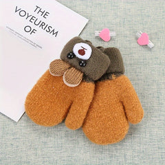 Bear Cartoon Gloves Kids Winter Knitted Double layered Thickened Gloves