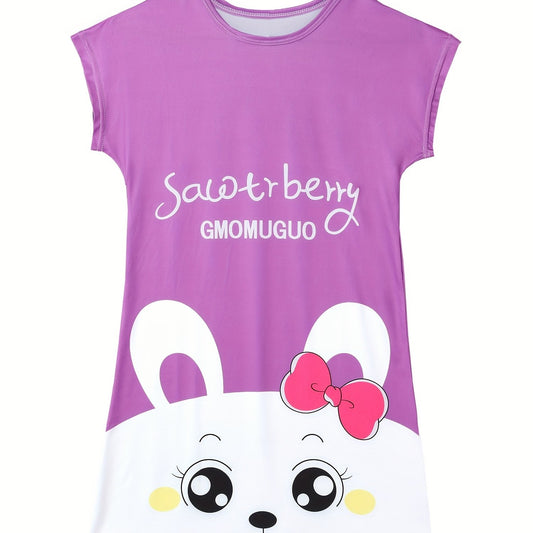 Girls Cartoon Nightdress Short Sleeve Round Neck Sleepwear Kids Spring Summer