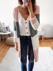  Colorblock Long Sleeve Cardigan with Pockets