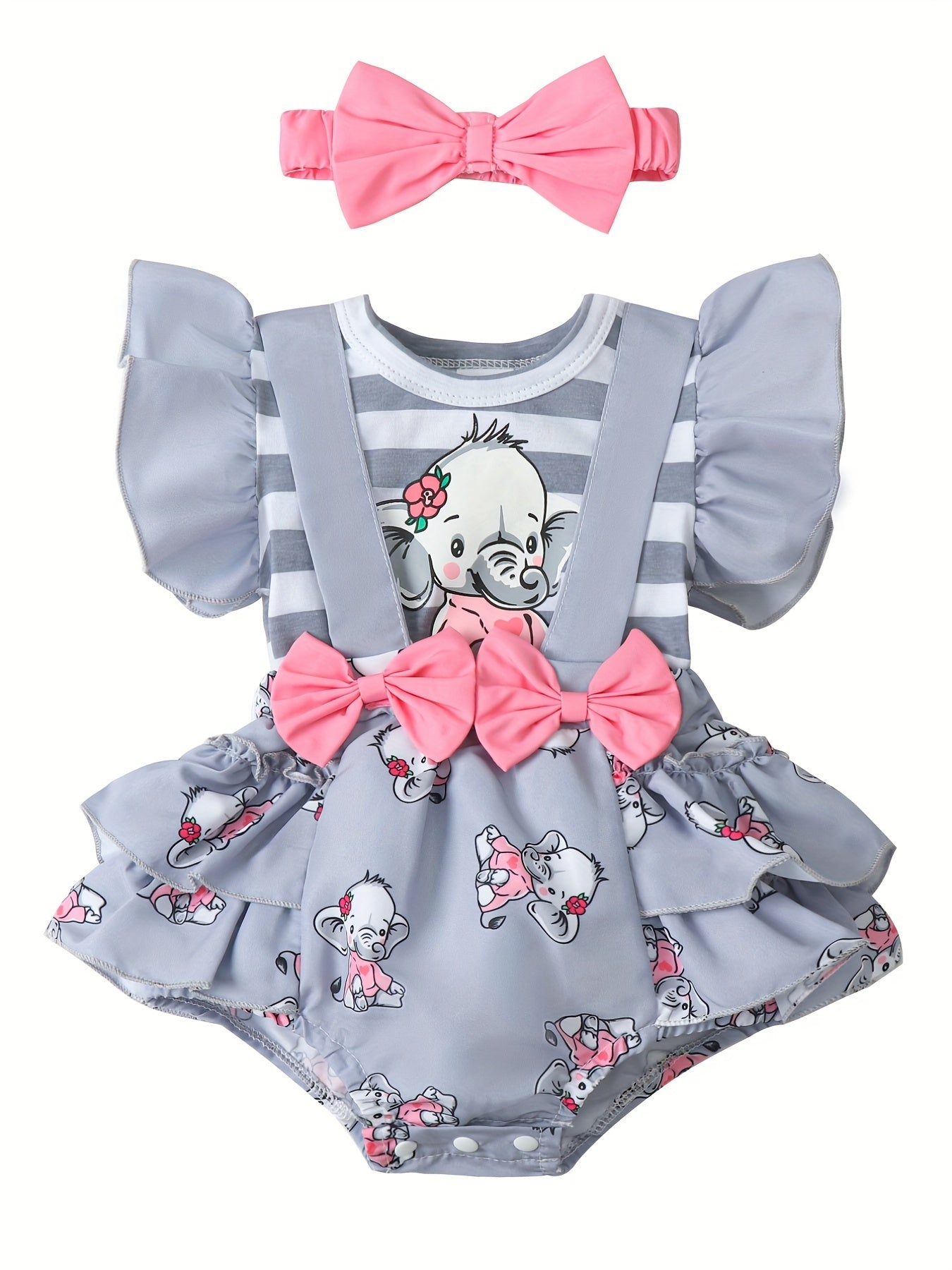 2pcs Baby Girls Elephant Fly Sleeve Onesie & Headband Set