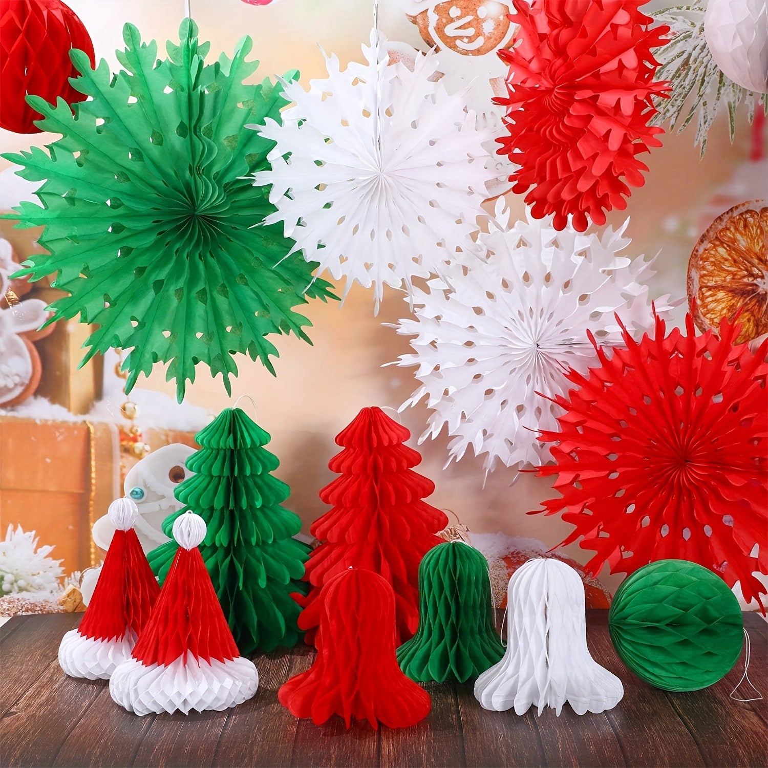 16pc Christmas Honeycomb Decorations Set Red & Green Lantern Bell Hat