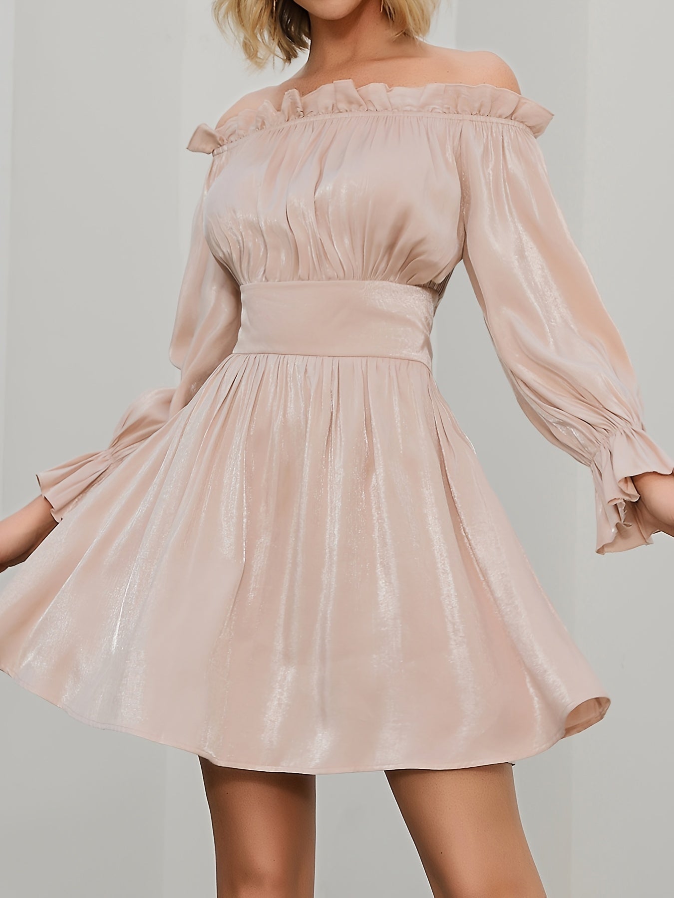 Off Shoulder Lantern Sleeve Bridesmaid Dress Ruffled Trim Pleated Mini Dress