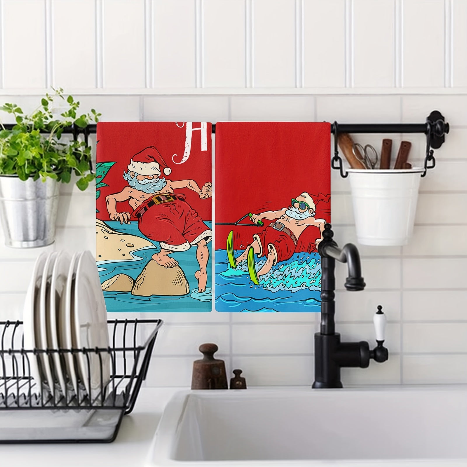 2pcs Christmas Red Surf Santa Towels Soft Quick Drying
