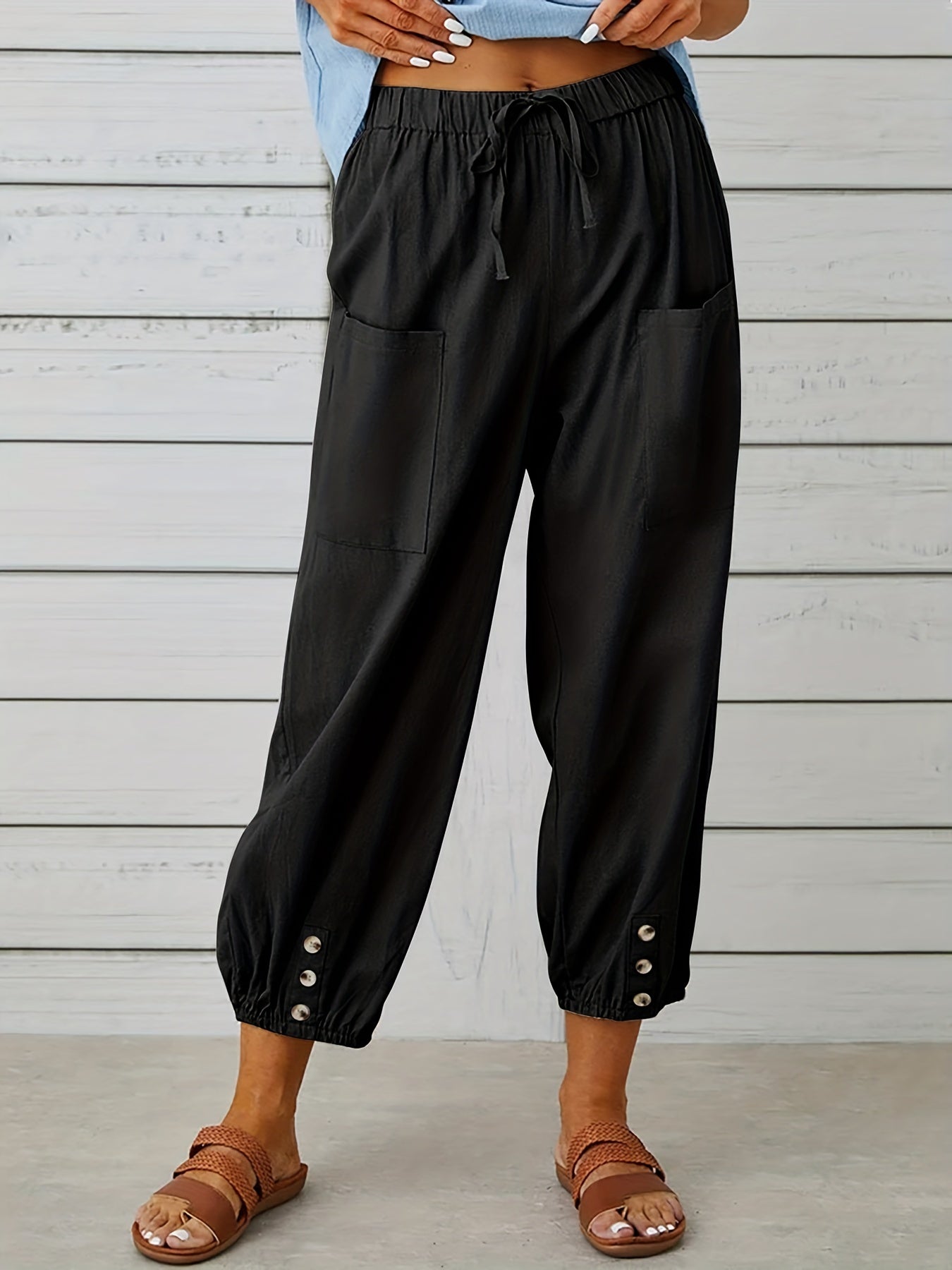 Button Front Drawstring Pants with Dual Pockets