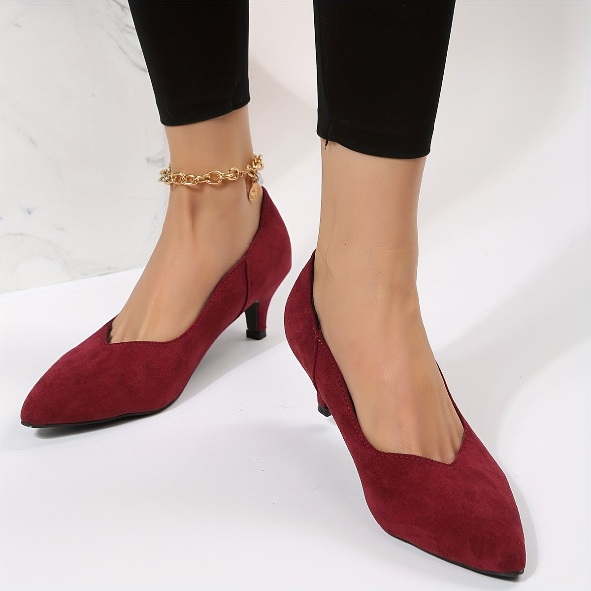 Red Kitten Heels Pointed Toe Work Pumps