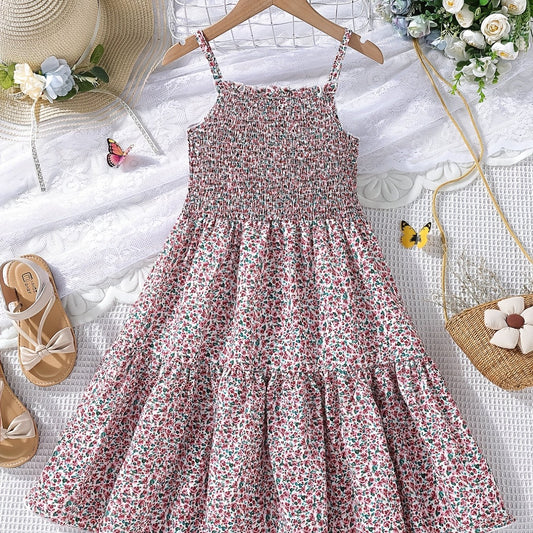 Girl's Floral Shirred Strappy Cami Dress For Party Beach Holiday