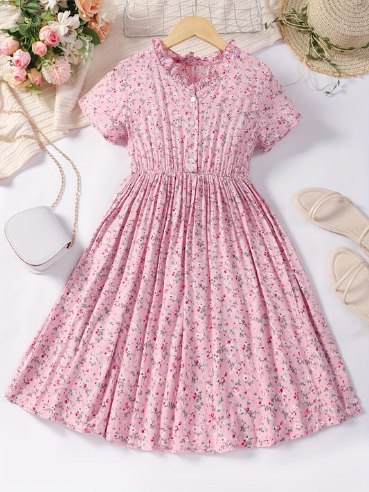 Girls' Floral Button V Neck Short Sleeve Casual Dress