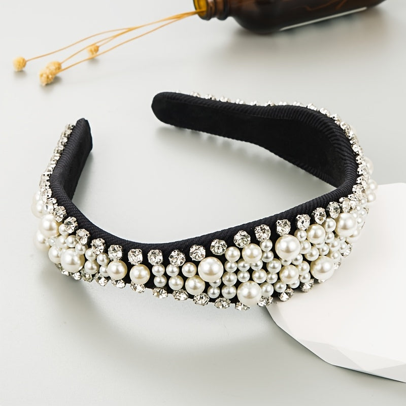 Pearls Beaded Rhinestone Hairband Headpiece for Women Girls