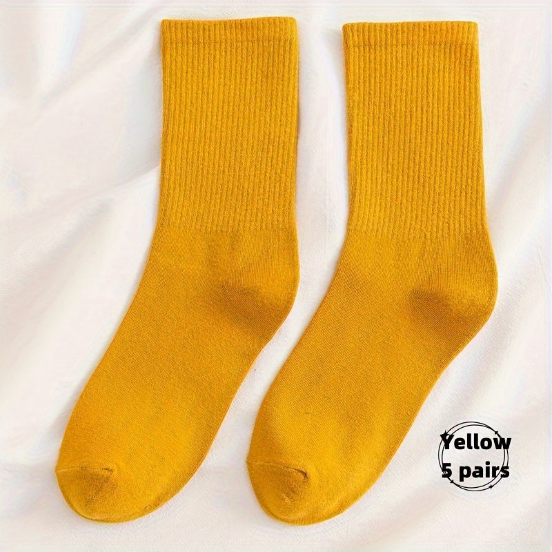 5 Pairs Warm Mid Tube Women's Solid Socks Comfy Stockings