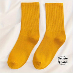 5 Pairs Warm Mid Tube Women's Solid Socks Comfy Stockings