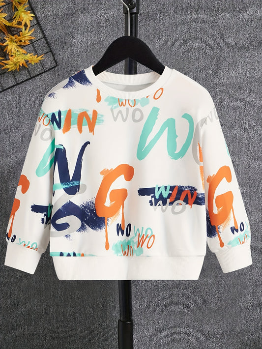 Graffiti Letter Print Boys Casual Pullover Sweatshirt