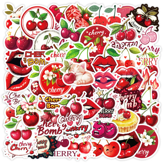 50pcs Cherry Stickers Waterproof Vinyl Decals Cartoon Cats Lips & Cherry Bomb