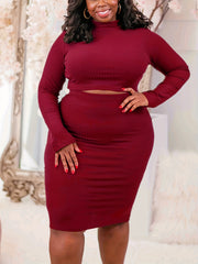  Ribbed Mock Neck Crop Top & Bodycon Skirt Set