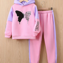 Girls Butterfly Print Fleece Hooded Sweatshirt And Trousers Set