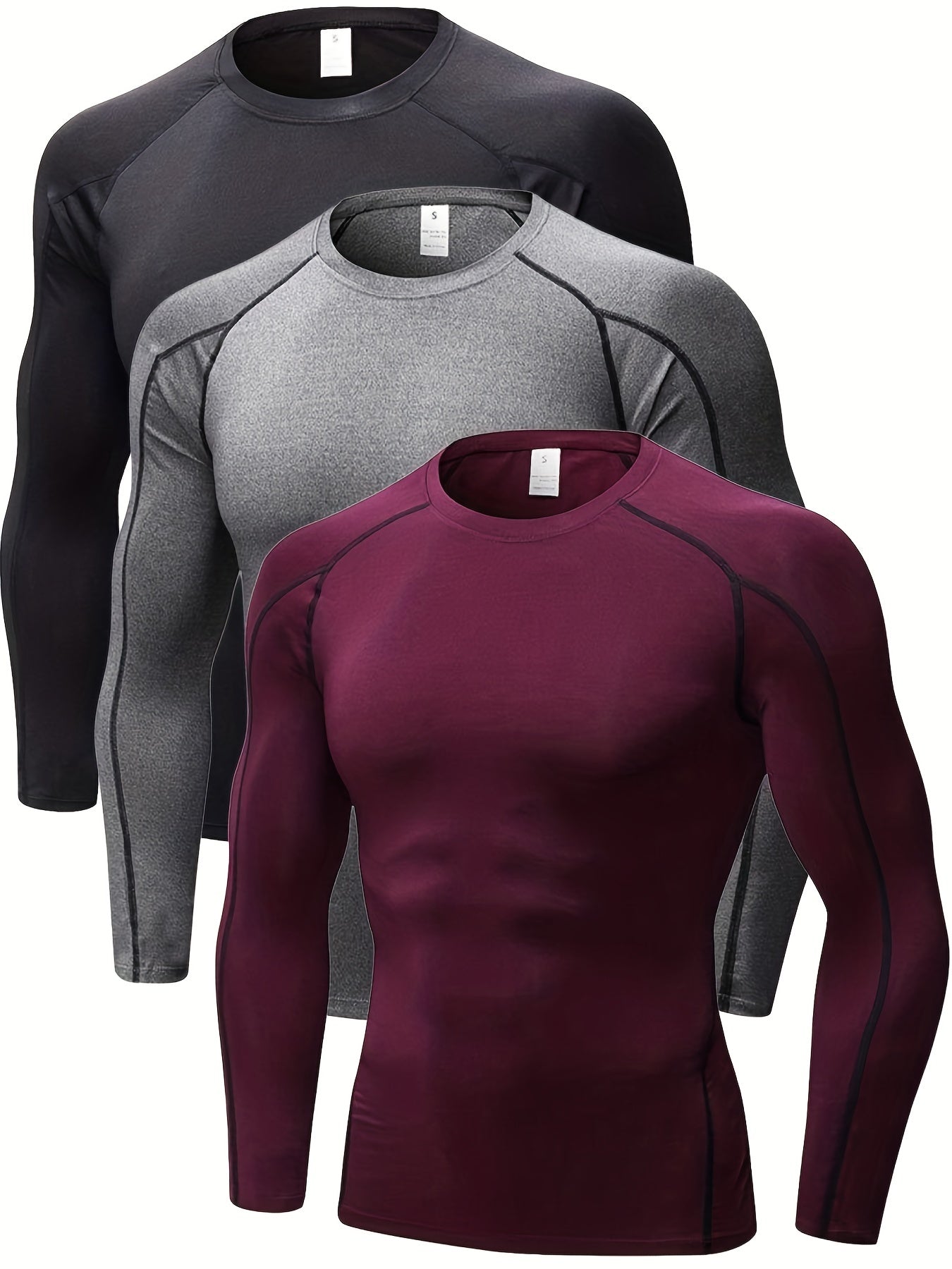 3pcs Men's Long Sleeve Compression Shirts For Sports Gym Fit