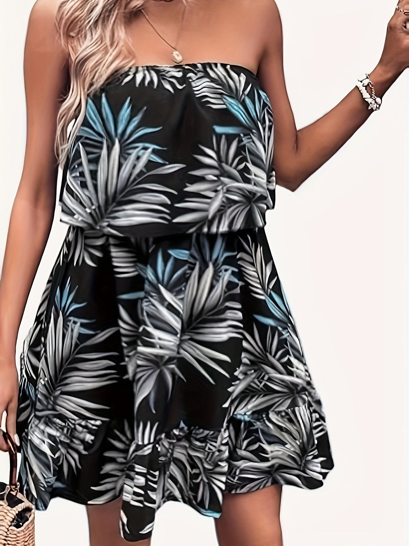  Tropical Print Strapless Ruffle Trim Mini Tube Dress