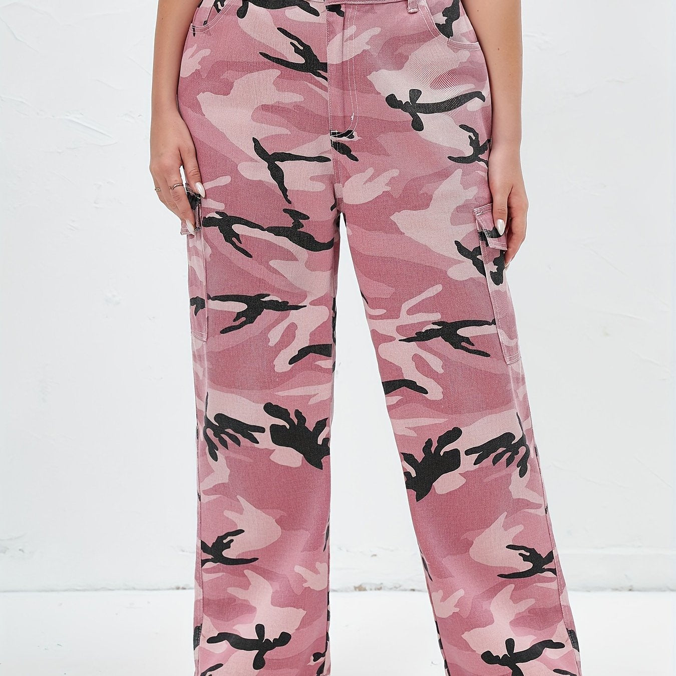 Women's Plus Camo Print Button Fly High Rise Cargo Jeans