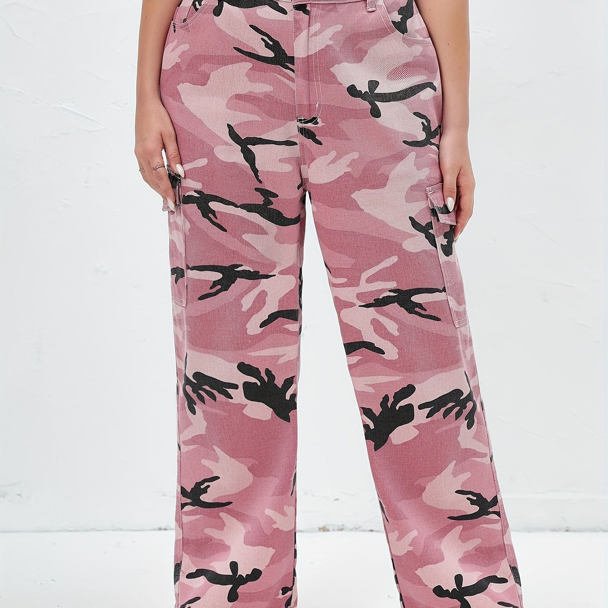 Women's Plus Camo Print Button Fly High Rise Cargo Jeans