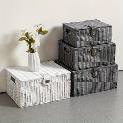 Desktop Woven Box With Lid Square Cosmetic Storage Box With Handles
