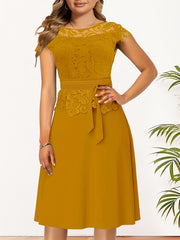 Lace Contrast Cap Sleeve A Line Dress With Belted