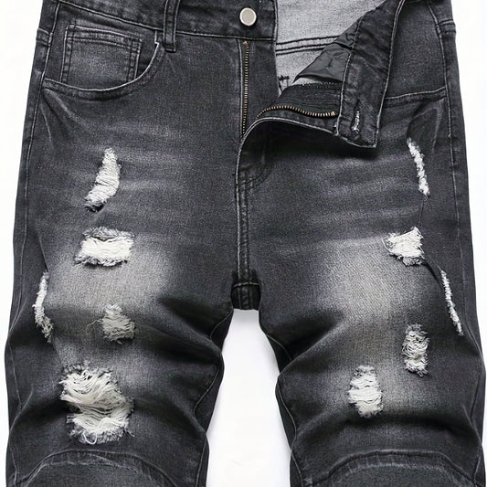 Men's Ripped Denim Shorts High Stretch Distressed Street Style