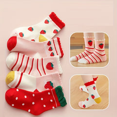 5pairs Girls Sweat Cartoon Strawberry Dot Stripe Pattern Lace Crew Socks