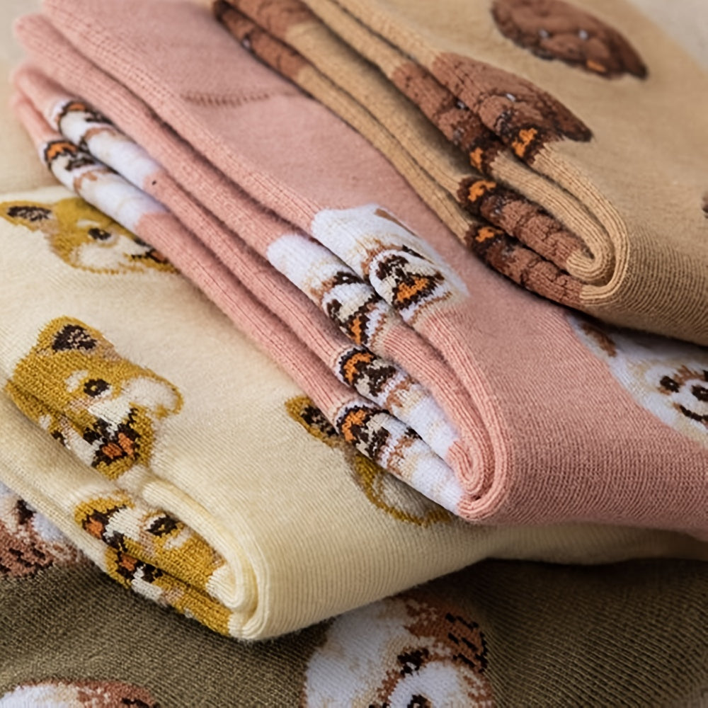 5 Pairs Women's Cotton Dog Pattern Crew Socks Multicolor