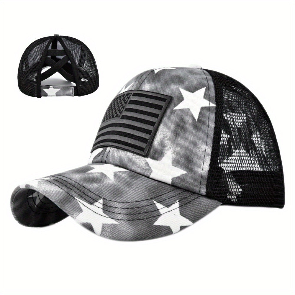 Tie Dye Ponytail Trucker Hat Star Print Mesh Baseball Cap Embroi