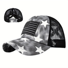 Tie Dye Ponytail Trucker Hat Star Print Mesh Baseball Cap Embroi