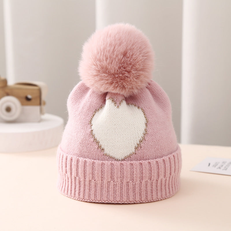 Golden Silk Edge Jacquard Love Knitted Hat for Children