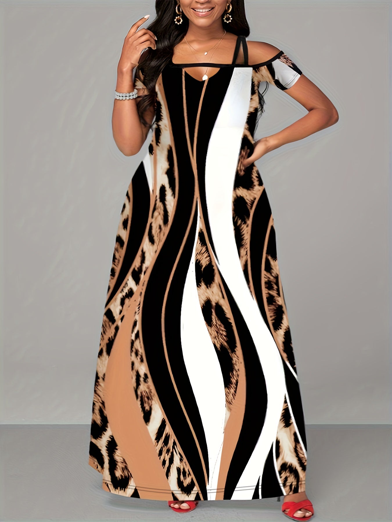  Colorblock Leopard Print Maxi Dress