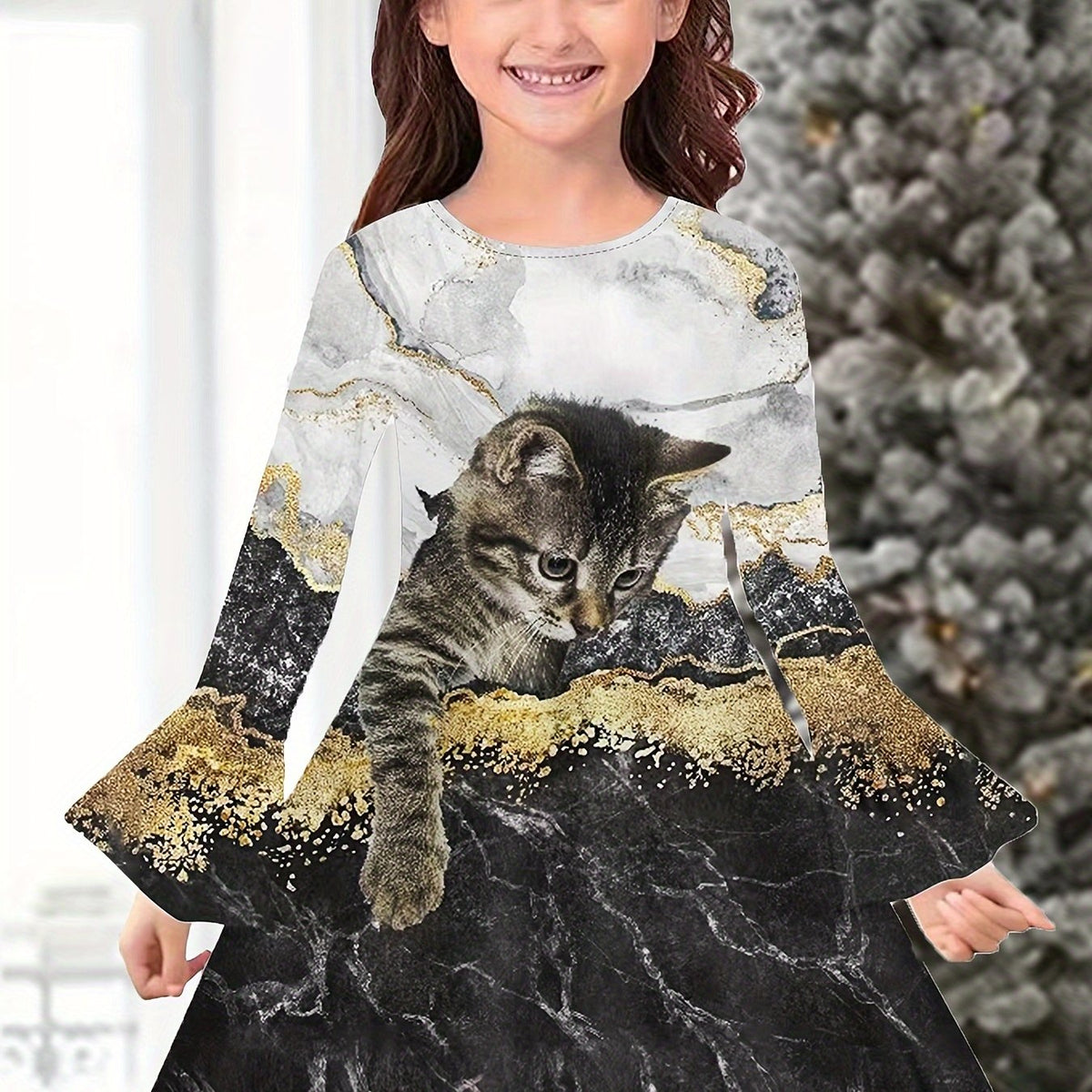 Girls Kitty Graphic Flare Long Sleeve Dress Cartoon Animal Print Dress