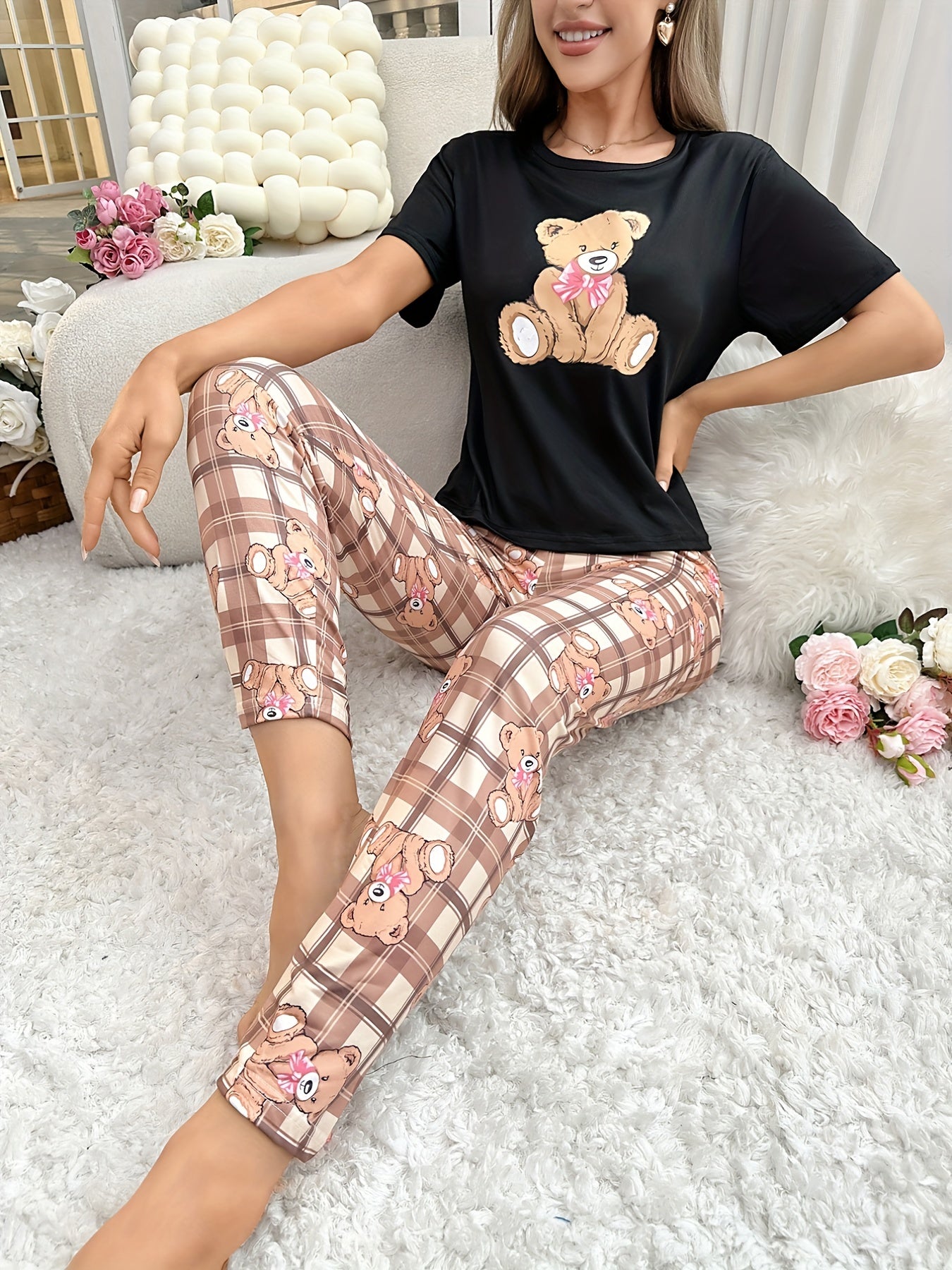 Bear & Plaid Print Pajama Set Women's Sleepwear
