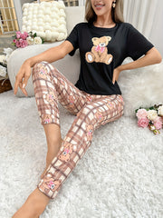 Bear & Plaid Print Pajama Set Women's Sleepwear