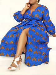  Leaf Print Lantern Sleeve Dress With Belt