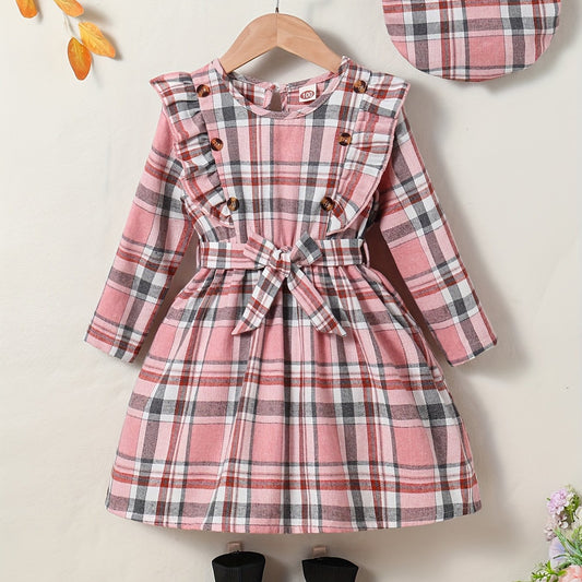 Girls' Plaid Long Sleeve Casual Midi Dress With Hat & Belt for Spring/Autumn