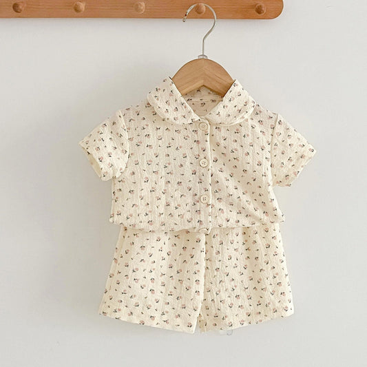 2pcs Toddler Girl Doll Collar Floral Top Shorts Set