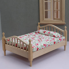 1/12 Scale Wooden Twin Bed Frame with Floral Bedding