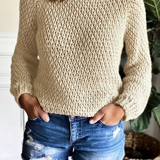  Solid Textured Long Sleeve Round Neck Sweater