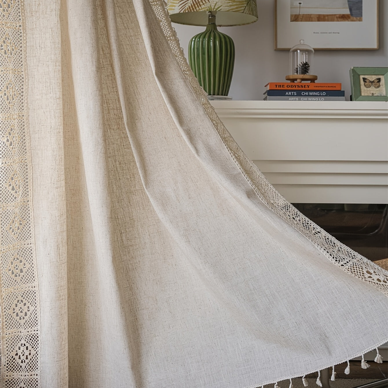 Boho Pure Linen Crochet Semi Blackout Curtain American Farmhouse Style