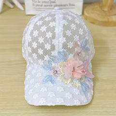 Flower Embroidery Mesh Trucker Hat Faux Pearl Decor Lace Baseball Cap