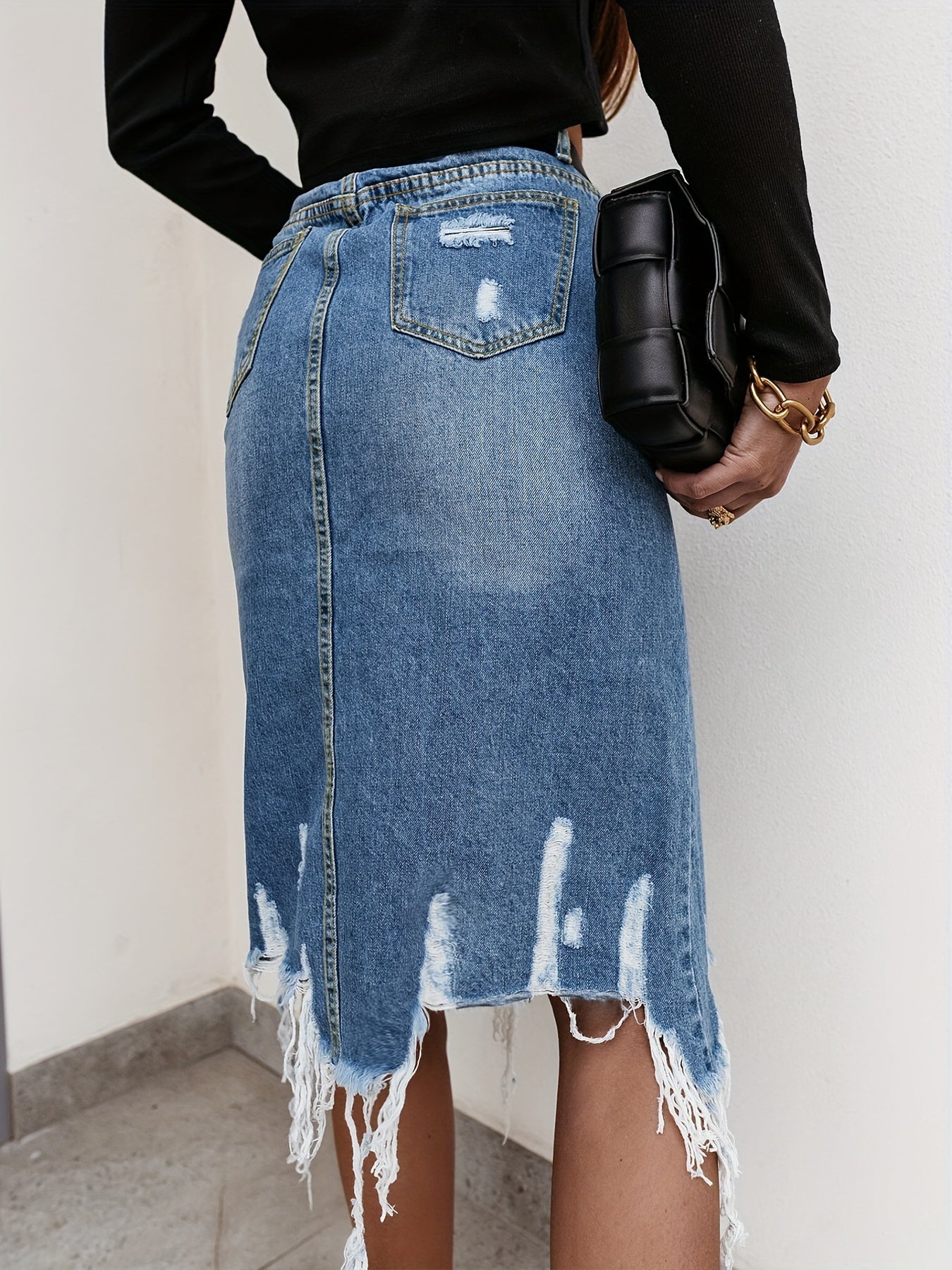  High Waist Ripped Tassel Midi Denim Skirt
