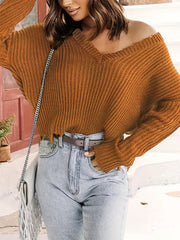  Solid Drop Shoulder V Neck Crop Sweater