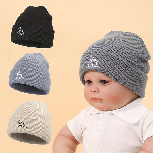 3pcs Baby Beanie Set Winter Warm Knitted Hat Dinosaur Embroidery