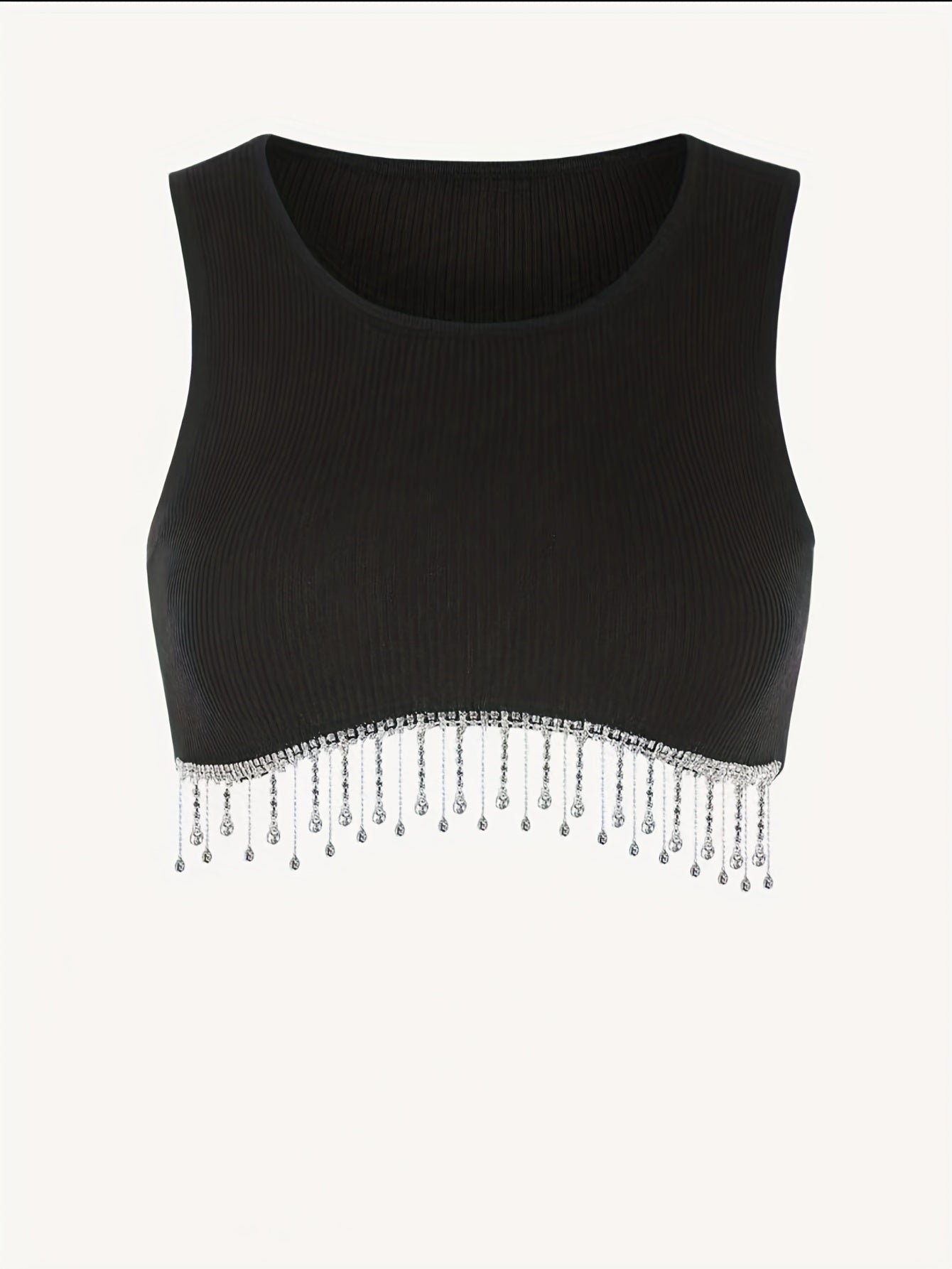 Solid Crop Top Beaded Detail Crew Neck