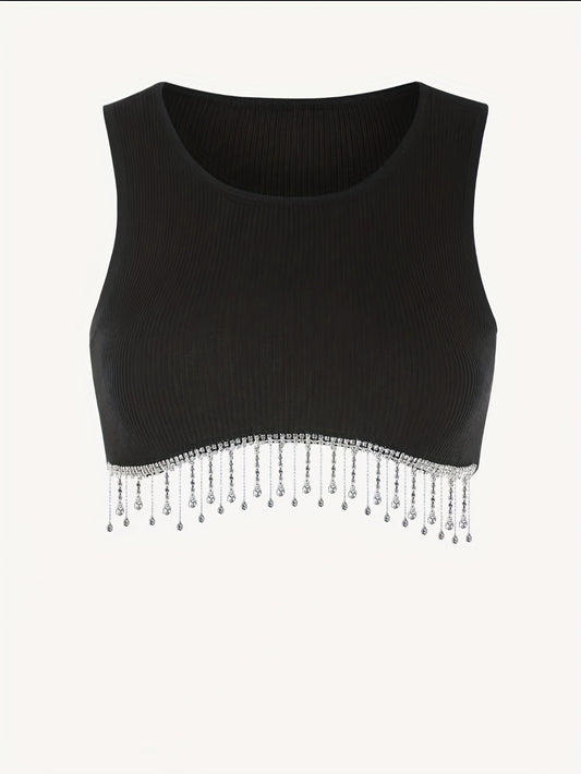 Solid Crop Top Beaded Detail Crew Neck