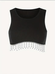 Solid Crop Top Beaded Detail Crew Neck